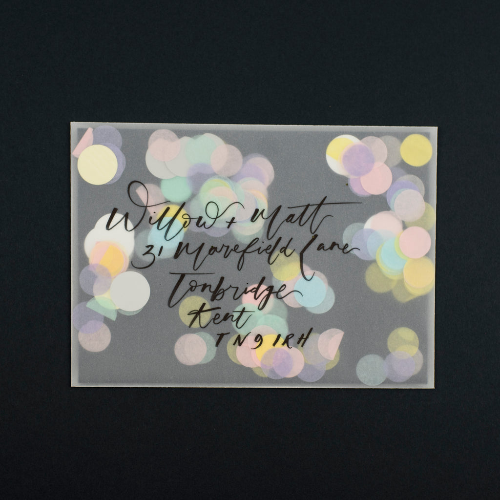 pretty post vellum envelope with confetti